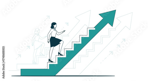 Woman Ascending Stairs, Achieving Career Success And Financial Growth On White Background