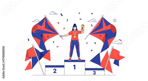 Winning Athlete And Flags Celebrating Victory On Podium Celebrating Success And Triumph