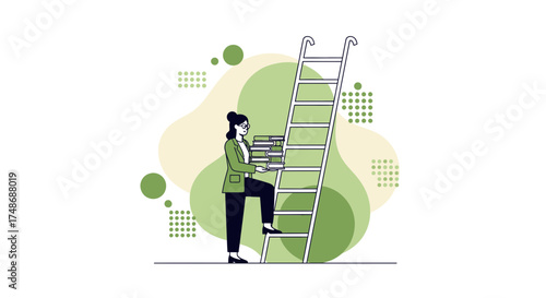 Woman Ascending Ladder With Books Illustrating Career Advancement And Education