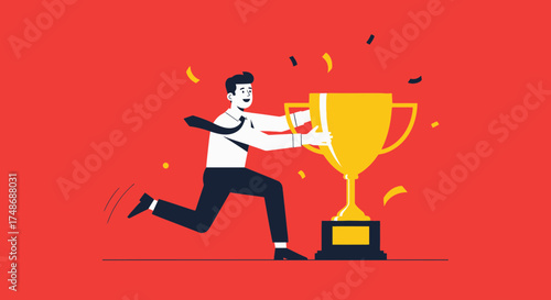 Winning Businessman Sprinting Towards a Golden Trophy Achievement and Recognition Concept