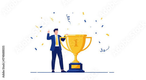 Winning Businessman Holding Trophy Celebrate Victory and Success with Bright Confetti