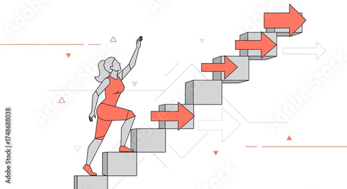 Woman Ascending Steps Towards The Future, Reaching For Success And Accomplishment