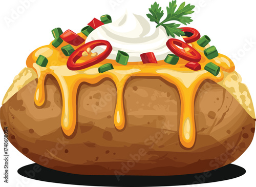 Loaded baked potato with melted cheddar, sour cream, chili peppers, green onions, crispy skin, comfort food, savory snack illustration