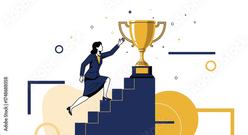Woman Ascends Steps Reaching Trophy: Success, Triumph, Goal Achievement, and Hard Work