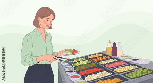Woman Assembling Appetizing Salad At Buffet, Healthy Eating Conceptualization