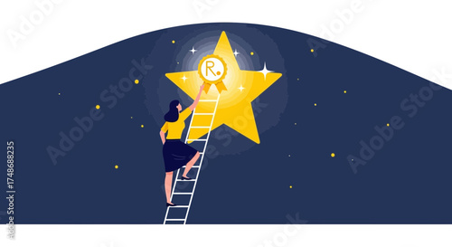 Woman achieving a star on a ladder representing goal success effort achievement