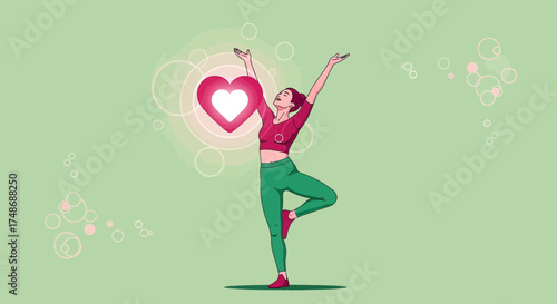 Woman balancing in yoga pose with a heart-shaped symbol of love and wellness