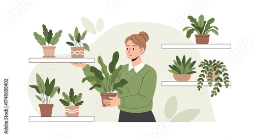 Woman admiring plants in pots on a shelf, gardening and home decor concept illustration