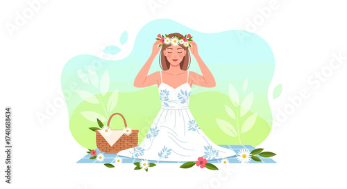 Woman Adorning Her Head With Flowers While Having Picnic in The Natural Environment