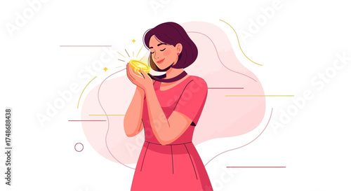 Woman Admiring A Shiny Coin, Symbolizing Wealth, Achievement, and Positive Energy