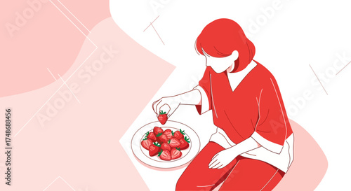 Woman Carefully Arranges Fresh Strawberries on a Plate, Food Preparation Illustration Displaying