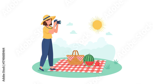 Woman capturing picnic scene outdoors with camera on sunny day with food supplies