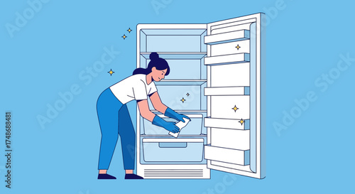 Woman Carefully Cleaning a Clean Refrigerator, Ensuring Optimal Food Storage and Freshness