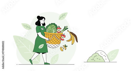 Woman Carrying Basket Of Organic Produce And Compost, Eco-Friendly Sustainable Life