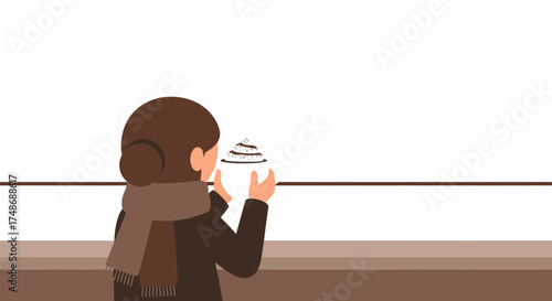 Woman Appreciating Cappuccino With Scenic View, Cozy Atmosphere Illustration Design