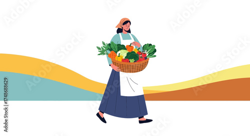 Woman Carries Fresh Harvest Vegetables in a Basket with Colorful Abstract Background