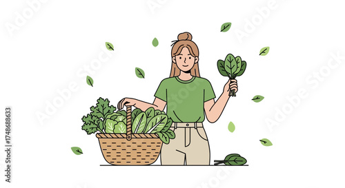 Woman Appreciating Fresh Greens Harvest With Basket, Healthy Eating Concept Artwork