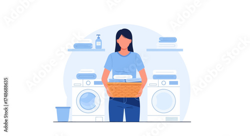 Woman carrying a laundry basket at a laundry room in an illustration style
