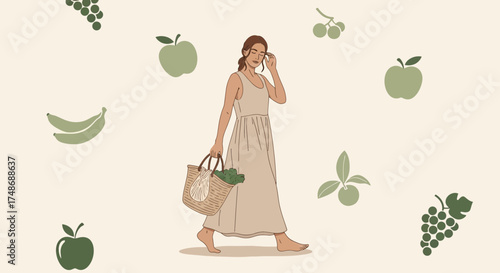 Woman carrying grocery bag with fruits, green apples, bananas, grapes, and basil plants