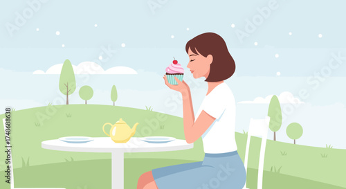 Woman Appreciating Cupcake Outdoors Enjoying Fresh Baked Goods And Peaceful Moments