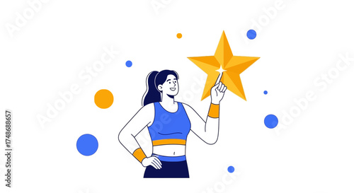Woman Approaches Star, Dreams, Inspiration, Achievement And Reaching For A Goal