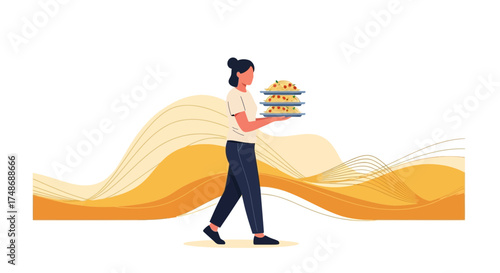 Woman Carrying Plates With Food, Decorated With Orange Abstract Shapes, Flat Minimalist Style