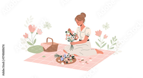 Woman Arranges Fresh Flowers on a Picnic Blanket Amidst Floral Decor