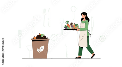 Woman Carrying Tray With Food Walking Towards Compost: Sustainable Kitchen Practices