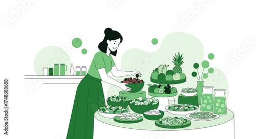 Woman arranging a fruit buffet table showcasing healthy organic fruits and delicious treats