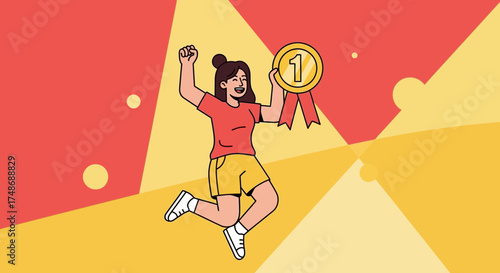 Woman Celebrates Success After Receiving First Place Medal On Vibrant Background