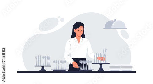 Woman Arranging Cutlery For Event Service in Modern Flat Illustration Design