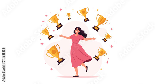 Woman Celebrates Triumph, Surrounded By Trophies, Symbolizing Success and Achievement