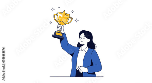 Woman Celebrates Victory Holding Trophy Illustrating Success And Achievement