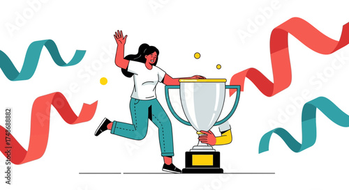 Woman Celebrates Victory, Holding Trophy, Symbolizing Success And Achievement