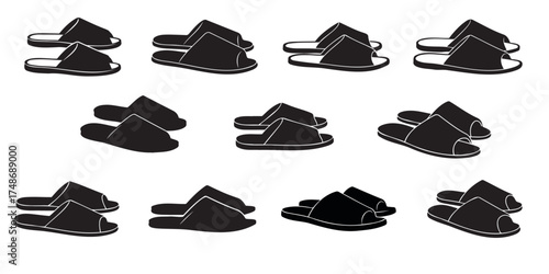 House slippers, black silhouette, minimalist stencil design, vector illustration on a transparent background.