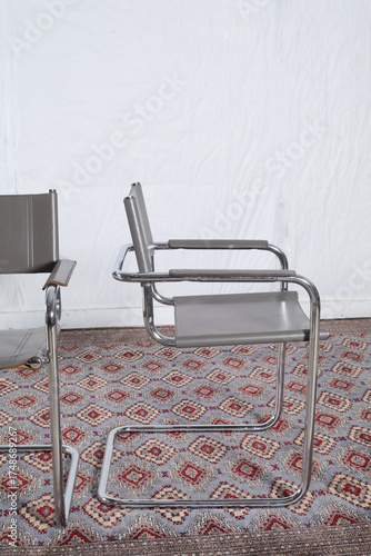 Tubular steel armchair with grey seat and back, Bauhaus style
