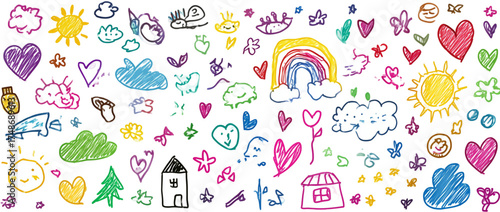 Colorful childs drawing doodle pattern with hearts suns and rainbows.