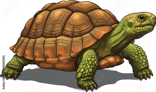 Realistic tortoise illustration with textured shell and green limbs, detailed reptile portrait, educational wildlife art, nature animal depiction