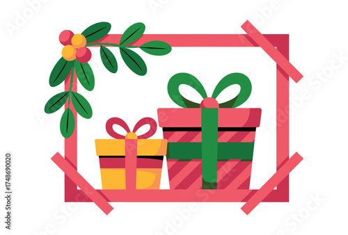Vector art of two gift boxes with mistletoe in a frame