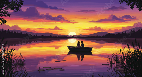 Romantic sunset lake scene with couple in rowboat, vibrant sky reflection, peaceful nature view, silhouettes of trees and mountains