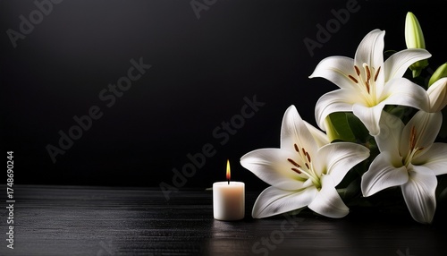 Black Funeral Background With Candle And White Lilies Minimal Condolence Design