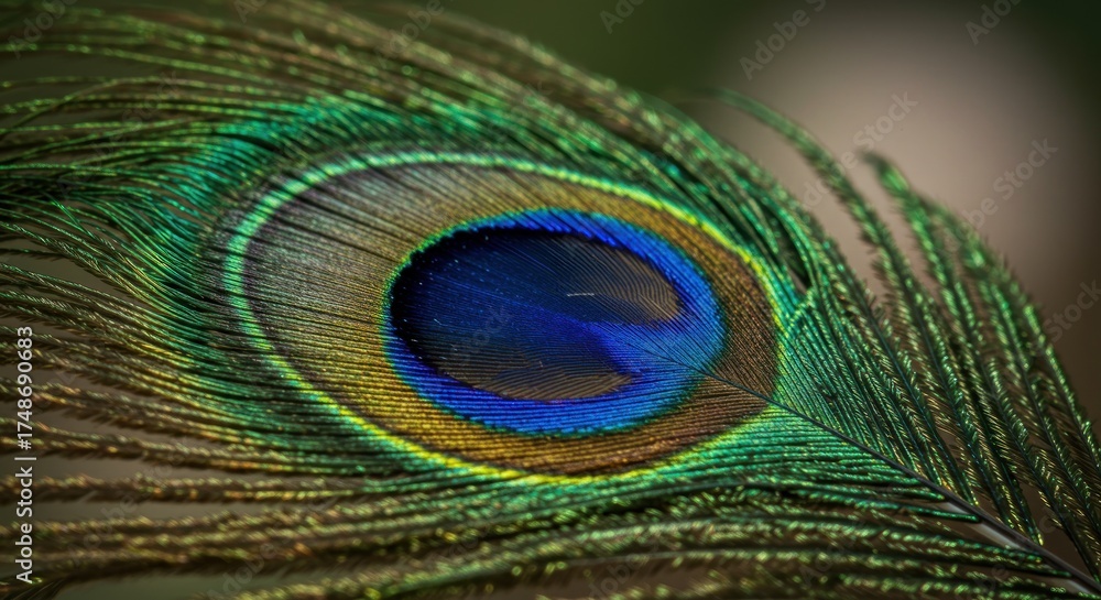Fototapeta premium Close up macro photograph of a peacock feather detail displaying vibrant colors and intricate textures