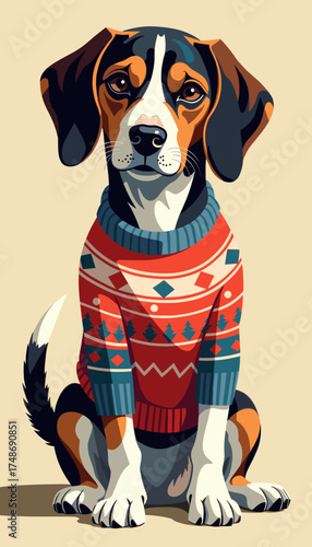 Beagle dog in Christmas sweater on beige background illustration