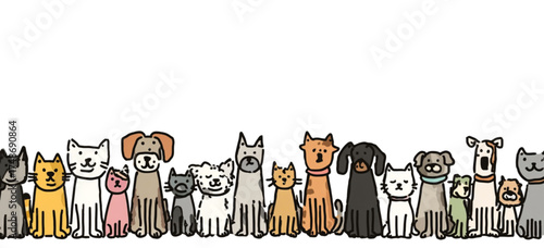 A charming hand-drawn illustration of various cats and dogs standing in a row.