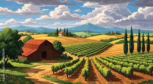 Tuscany-style rural landscape with vineyard, red-roof barn, cypress trees, golden fields, mountain backdrop, sunset sky, peaceful countryside scene
