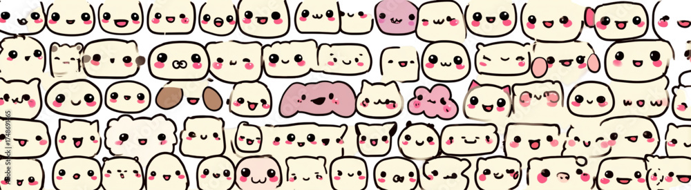 Fototapeta premium Cute kawaii doodle faces seamless pattern background.