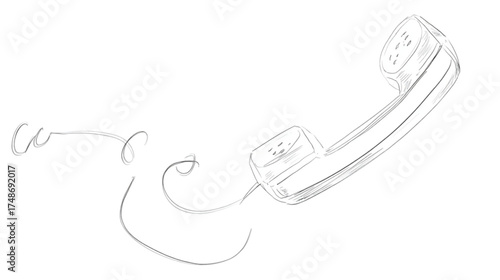 Vintage telephone receiver hand drawn sketch illustration on white.