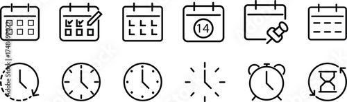 Calendar and Clock Icons Representing Time and Scheduling. Collection of hand drawn calendar and clock icons representing time management and scheduling concepts.