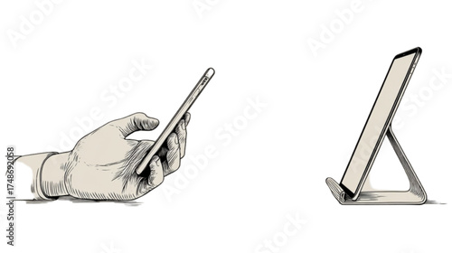 Hand drawn illustration of a hand holding a smartphone and a tablet on a stand.