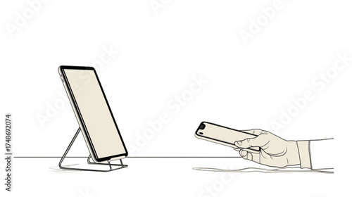 Line drawing of a hand using a smartphone for contactless payment.